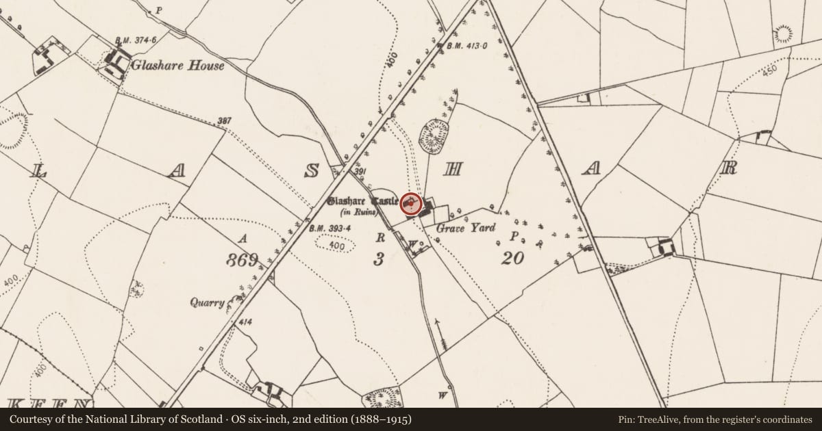 Ordnance Survey six-inch map, 2nd edition (1888–1915) covering the location of Castle - tower house, Glashare, County Kilkenny, with a pin at the register's coordinates