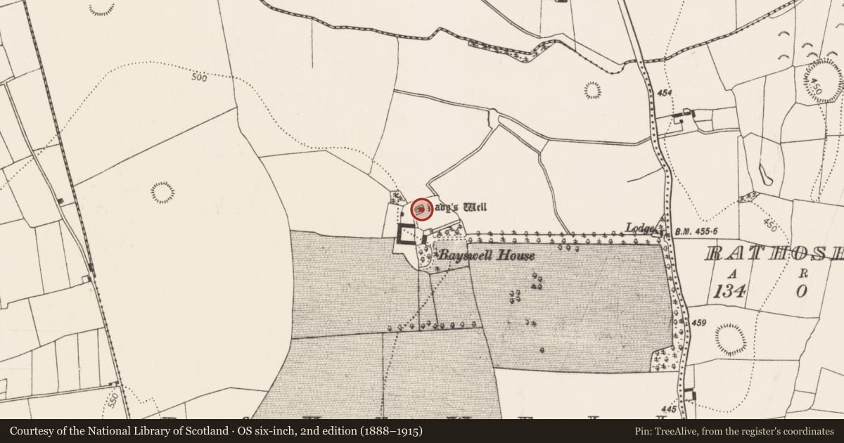 Ordnance Survey six-inch map, 2nd edition (1888–1915) covering the location of Ritual site - holy well, Bayswell, County Kilkenny, with a pin at the register's coordinates