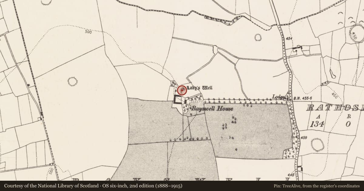 Ordnance Survey six-inch map, 2nd edition (1888–1915) covering the location of Crucifixion plaque, Bayswell, County Kilkenny, with a pin at the register's coordinates