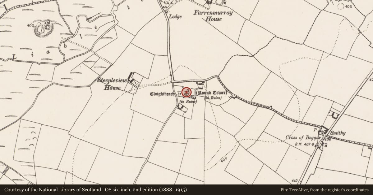 Ordnance Survey six-inch map, 2nd edition (1888–1915) covering the location of Graveyard, Grangefertagh, County Kilkenny, with a pin at the register's coordinates