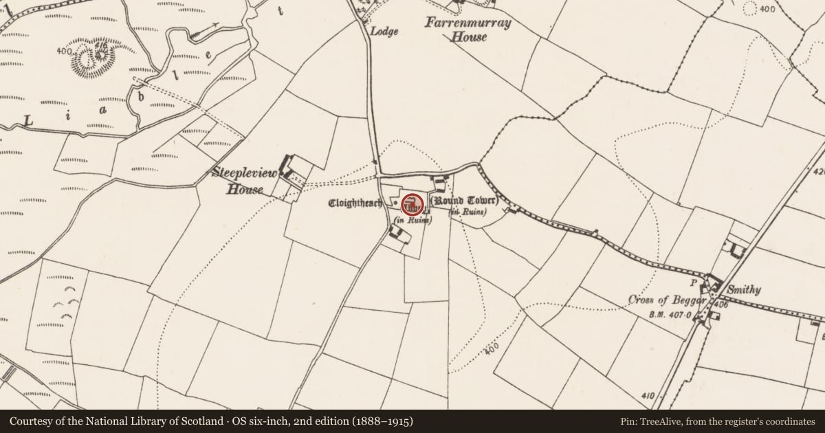 Ordnance Survey six-inch map, 2nd edition (1888–1915) covering the location of Ecclesiastical enclosure, Grangefertagh, County Kilkenny, with a pin at the register's coordinates
