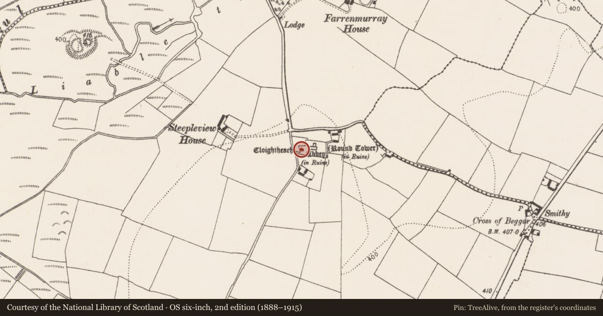 Ordnance Survey six-inch map, 2nd edition (1888–1915) covering the location of Round tower, Grangefertagh, County Kilkenny, with a pin at the register's coordinates