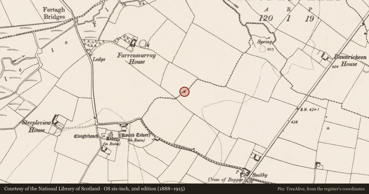Ordnance Survey six-inch map, 2nd edition (1888–1915) covering the location of Enclosure, Rathlogan, County Kilkenny, with a pin at the register's coordinates