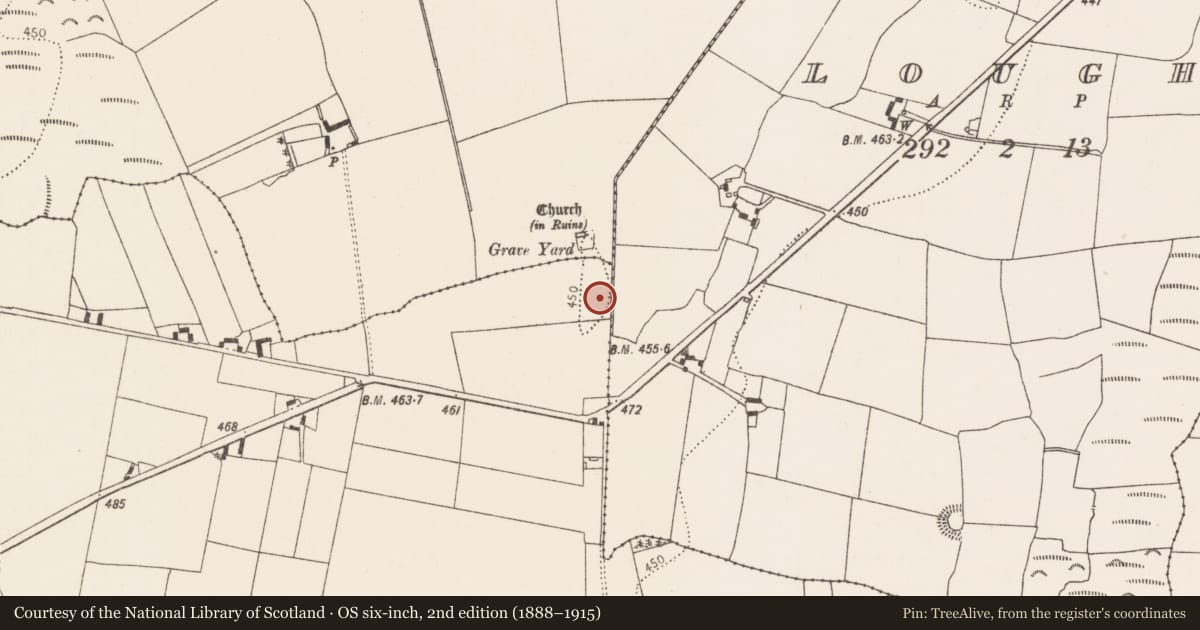 Ordnance Survey six-inch map, 2nd edition (1888–1915) covering the location of Enclosure, Baunmore, County Kilkenny, with a pin at the register's coordinates