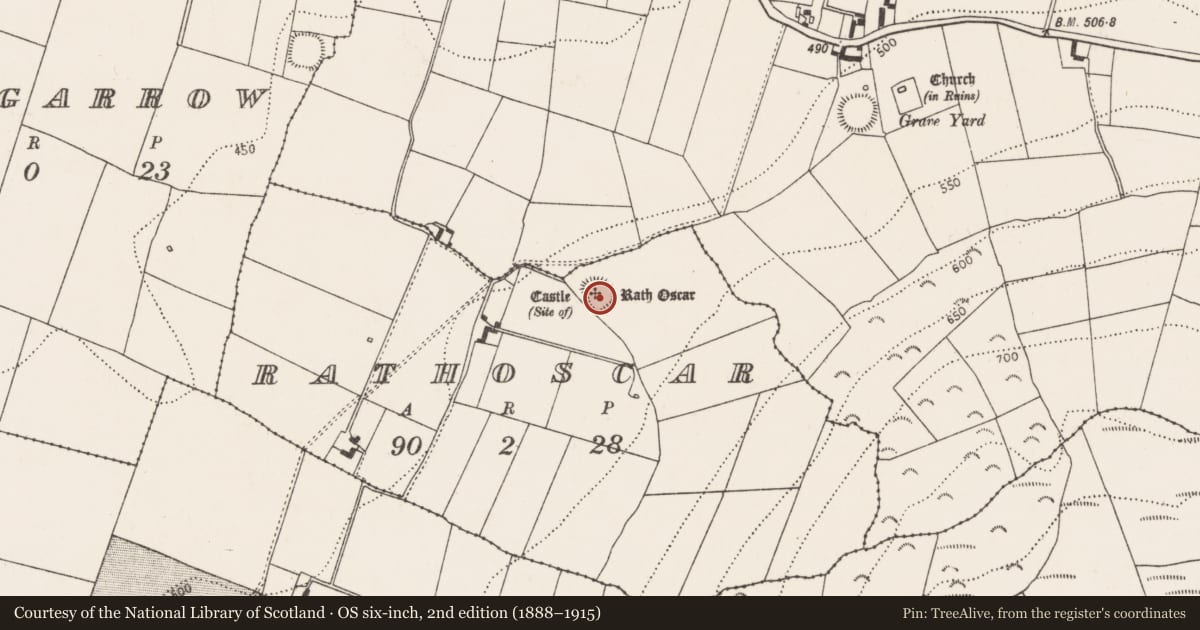 Ordnance Survey six-inch map, 2nd edition (1888–1915) covering the location of Castle - ringwork, Rathoscar, County Kilkenny, with a pin at the register's coordinates