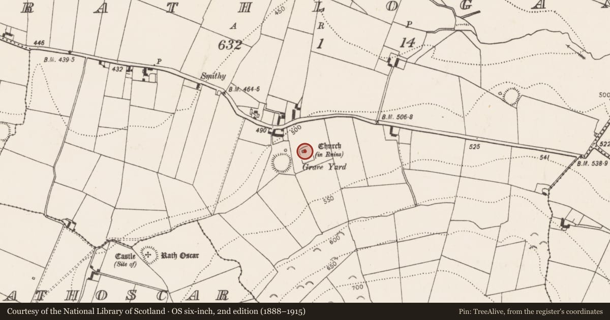 Ordnance Survey six-inch map, 2nd edition (1888–1915) covering the location of Church, Rathlogan, County Kilkenny, with a pin at the register's coordinates