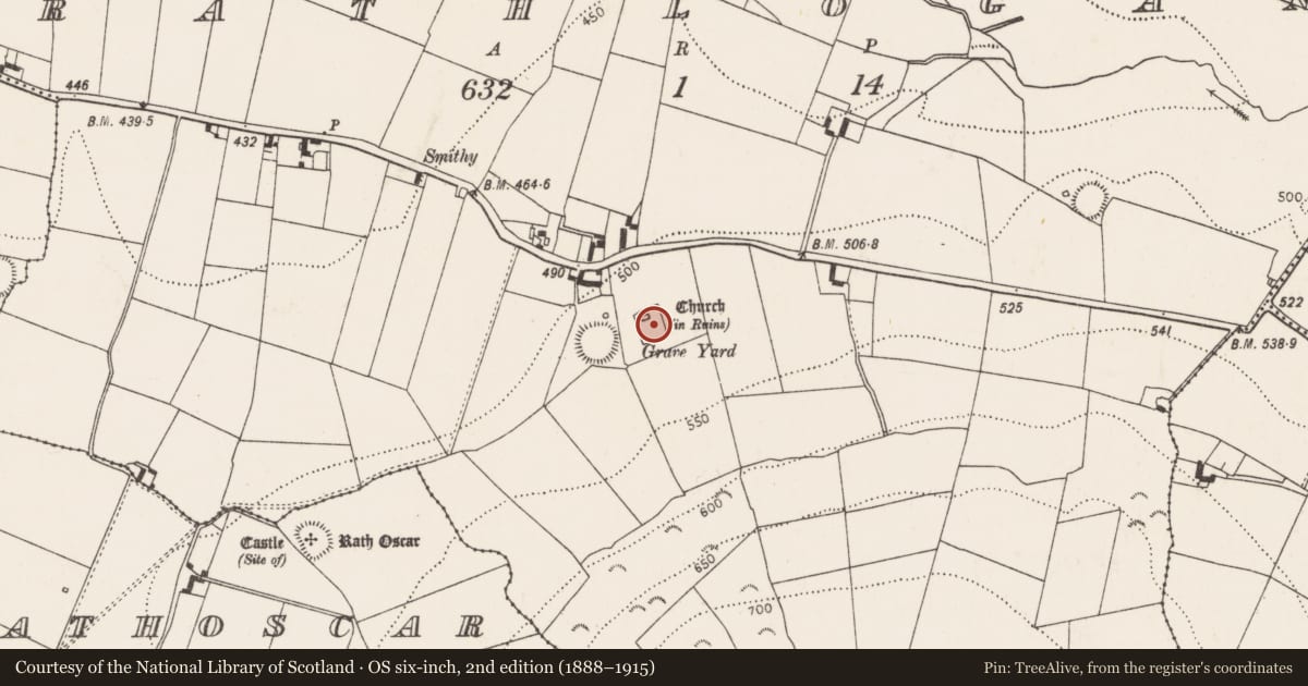 Ordnance Survey six-inch map, 2nd edition (1888–1915) covering the location of Graveyard, Rathlogan, County Kilkenny, with a pin at the register's coordinates