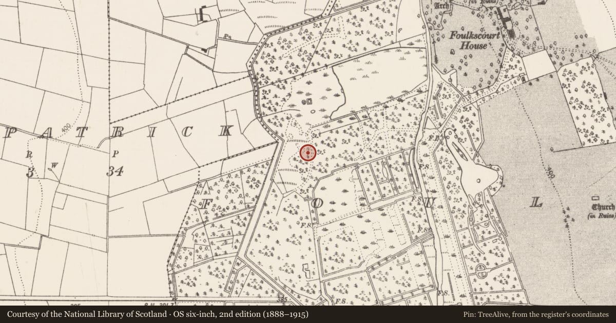 Ordnance Survey six-inch map, 2nd edition (1888–1915) covering the location of Enclosure, Foulkscourt, County Kilkenny, with a pin at the register's coordinates