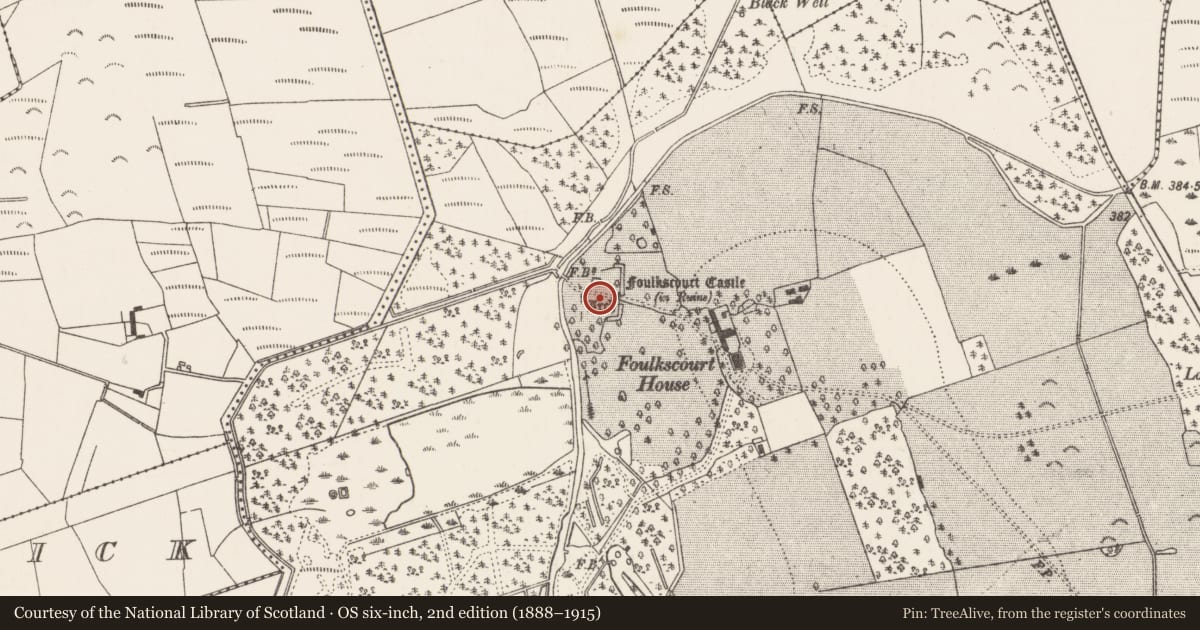 Ordnance Survey six-inch map, 2nd edition (1888–1915) covering the location of Bawn, Foulkscourt, County Kilkenny, with a pin at the register's coordinates