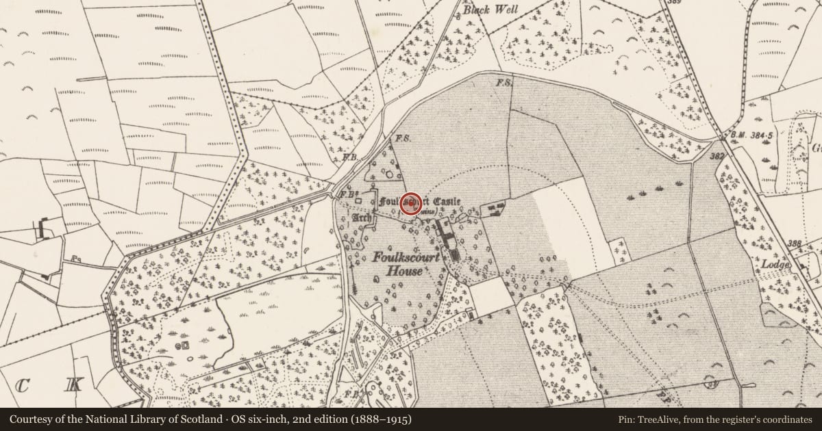 Ordnance Survey six-inch map, 2nd edition (1888–1915) covering the location of Enclosure, Foulkscourt, County Kilkenny, with a pin at the register's coordinates