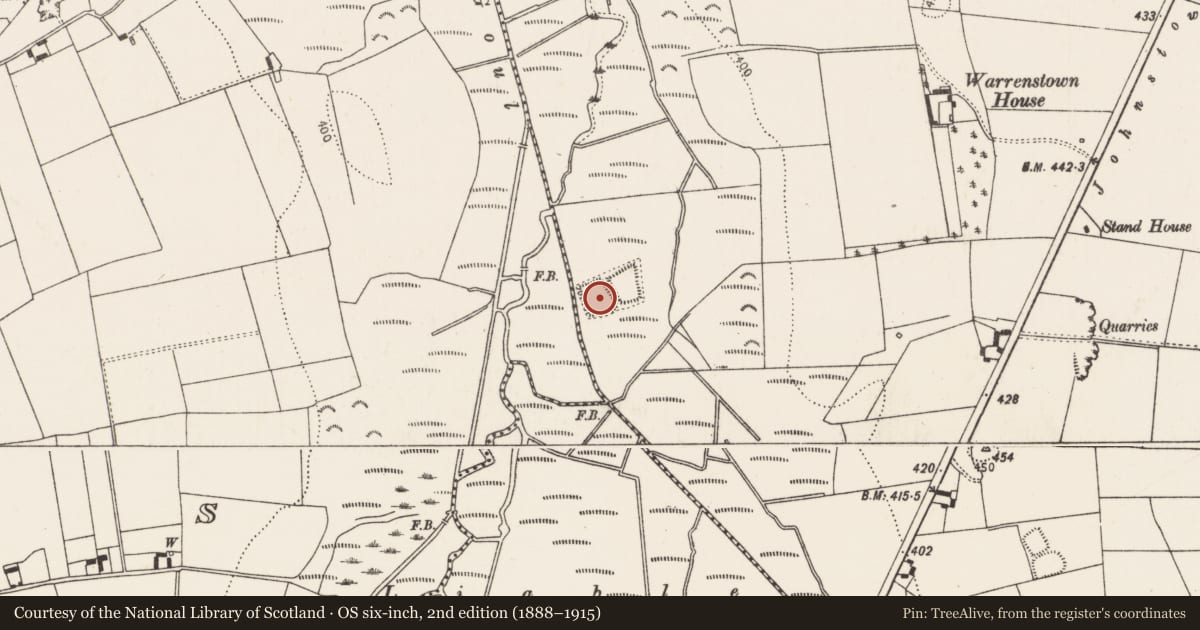Ordnance Survey six-inch map, 2nd edition (1888–1915) covering the location of Building, Warrenstown, County Kilkenny, with a pin at the register's coordinates