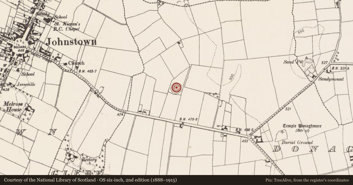 Ordnance Survey six-inch map, 2nd edition (1888–1915) covering the location of Ringfort - rath, Donaghmore Lower, County Kilkenny, with a pin at the register's coordinates