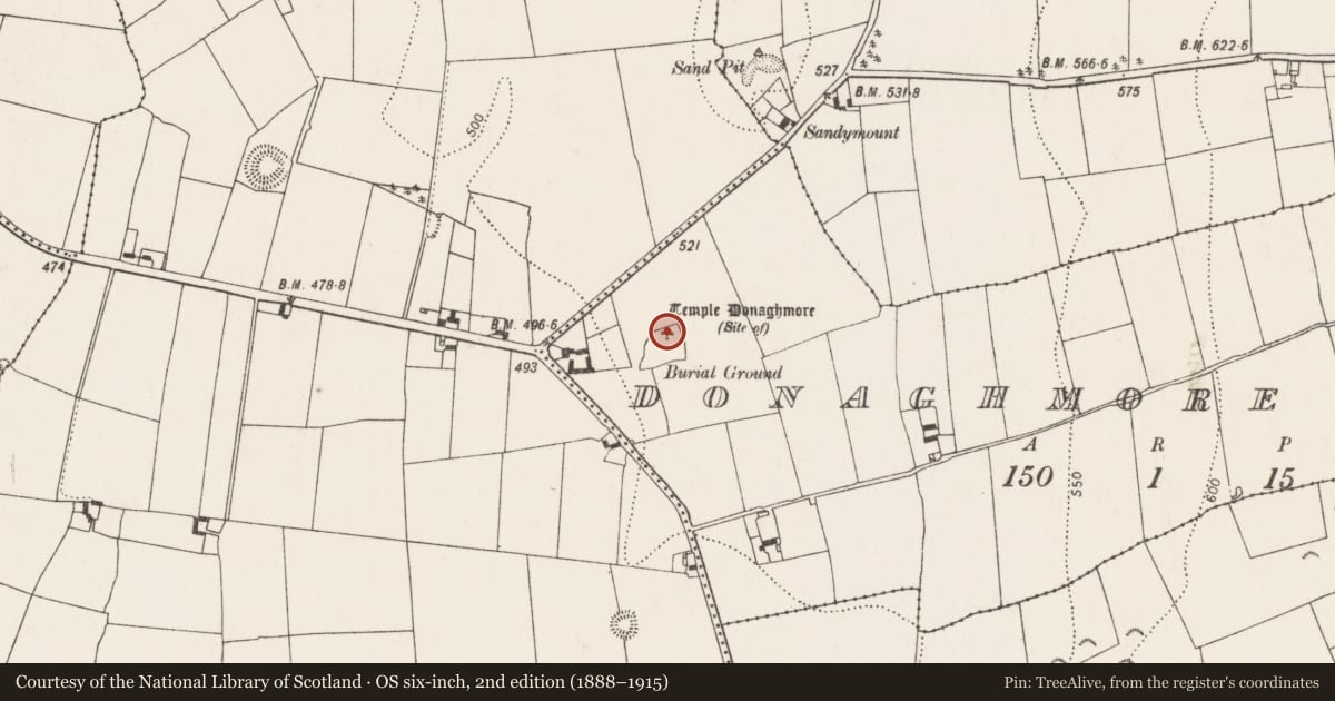 Ordnance Survey six-inch map, 2nd edition (1888–1915) covering the location of Church, Donaghmore Upper, County Kilkenny, with a pin at the register's coordinates