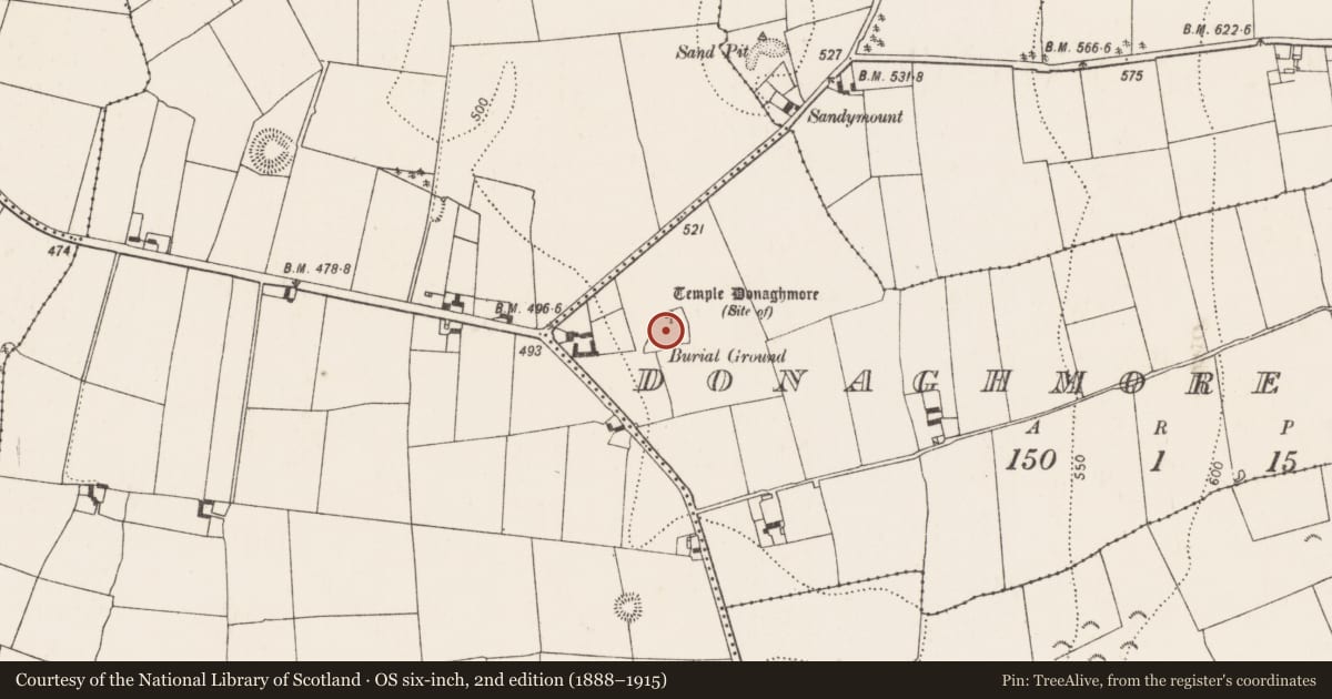 Ordnance Survey six-inch map, 2nd edition (1888–1915) covering the location of Enclosure, Donaghmore Upper, County Kilkenny, with a pin at the register's coordinates