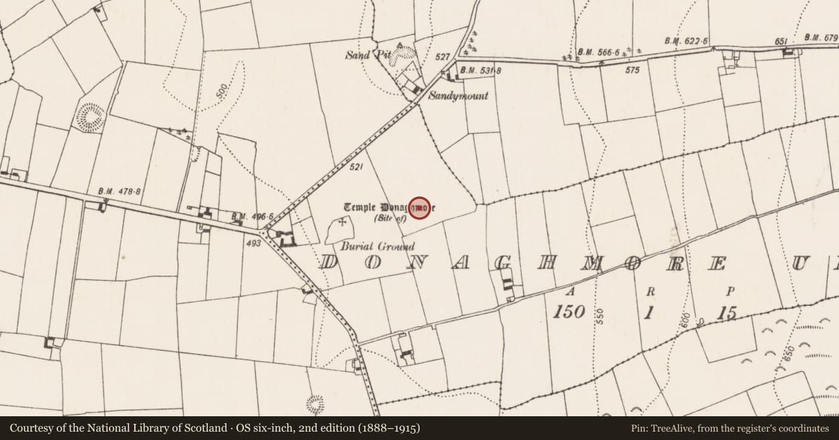 Ordnance Survey six-inch map, 2nd edition (1888–1915) covering the location of Ringfort - unclassified, Donaghmore Upper, County Kilkenny, with a pin at the register's coordinates