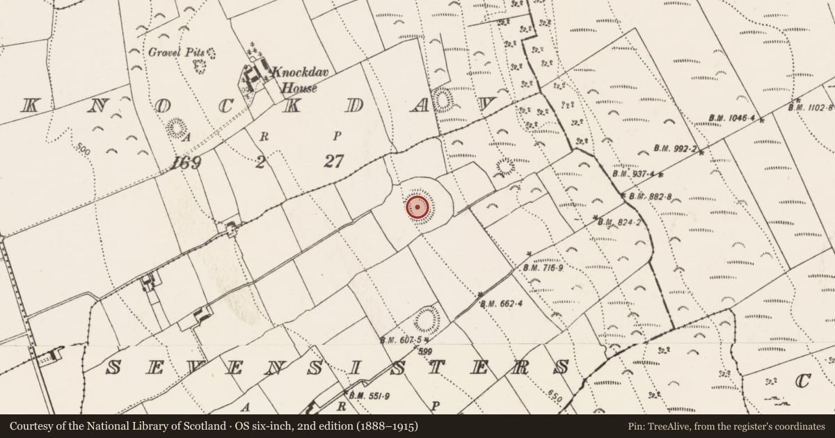 Ordnance Survey six-inch map, 2nd edition (1888–1915) covering the location of Concentric enclosure, Sevensisters, County Kilkenny, with a pin at the register's coordinates