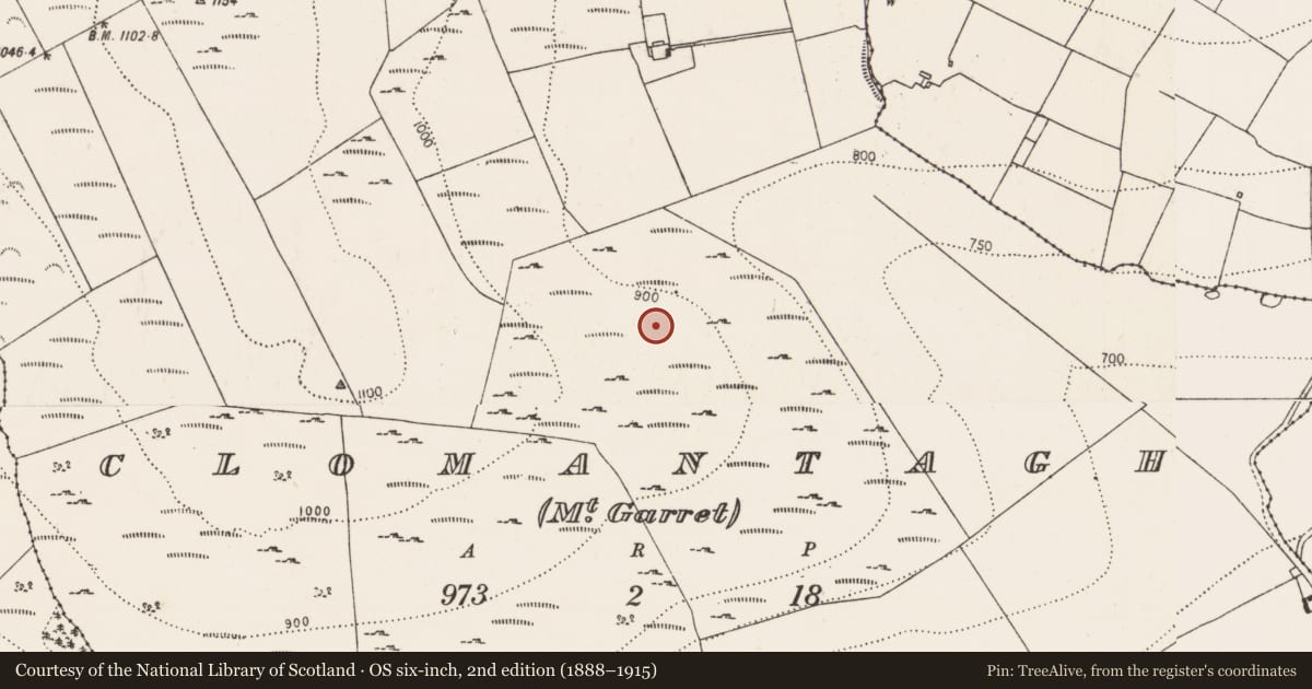 Ordnance Survey six-inch map, 2nd edition (1888–1915) covering the location of Field system, Clomantagh (Mountgarret), County Kilkenny, with a pin at the register's coordinates