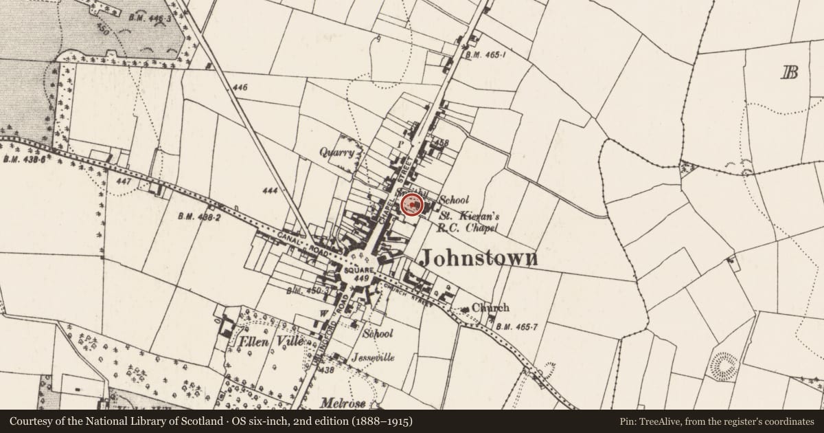 Ordnance Survey six-inch map, 2nd edition (1888–1915) covering the location of Architectural feature, Foulkscourt, County Kilkenny, with a pin at the register's coordinates