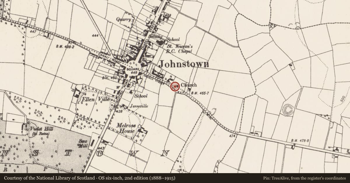 Ordnance Survey six-inch map, 2nd edition (1888–1915) covering the location of Architectural feature, Foulkscourt, County Kilkenny, with a pin at the register's coordinates