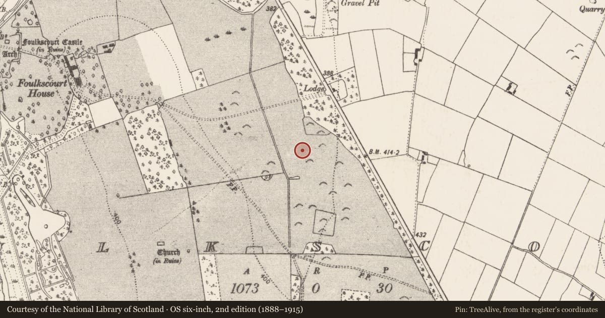 Ordnance Survey six-inch map, 2nd edition (1888–1915) covering the location of Fulacht fia, Foulkscourt, County Kilkenny, with a pin at the register's coordinates