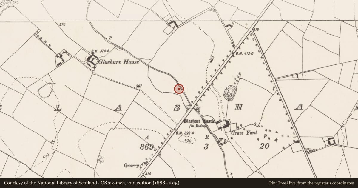 Ordnance Survey six-inch map, 2nd edition (1888–1915) covering the location of Burnt mound, Glashare, County Kilkenny, with a pin at the register's coordinates