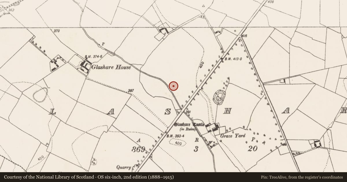 Ordnance Survey six-inch map, 2nd edition (1888–1915) covering the location of Fulacht fia, Glashare, County Kilkenny, with a pin at the register's coordinates