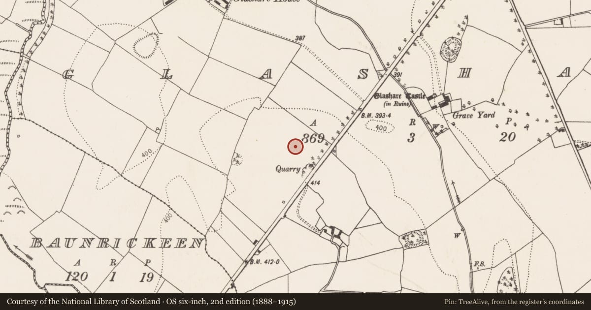 Ordnance Survey six-inch map, 2nd edition (1888–1915) covering the location of Enclosure, Glashare, County Kilkenny, with a pin at the register's coordinates