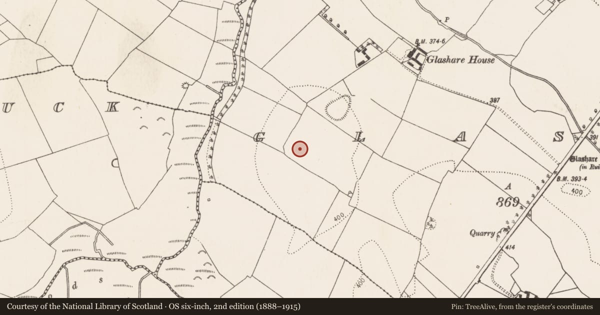 Ordnance Survey six-inch map, 2nd edition (1888–1915) covering the location of Enclosure - large enclosure, Glashare, County Kilkenny, with a pin at the register's coordinates