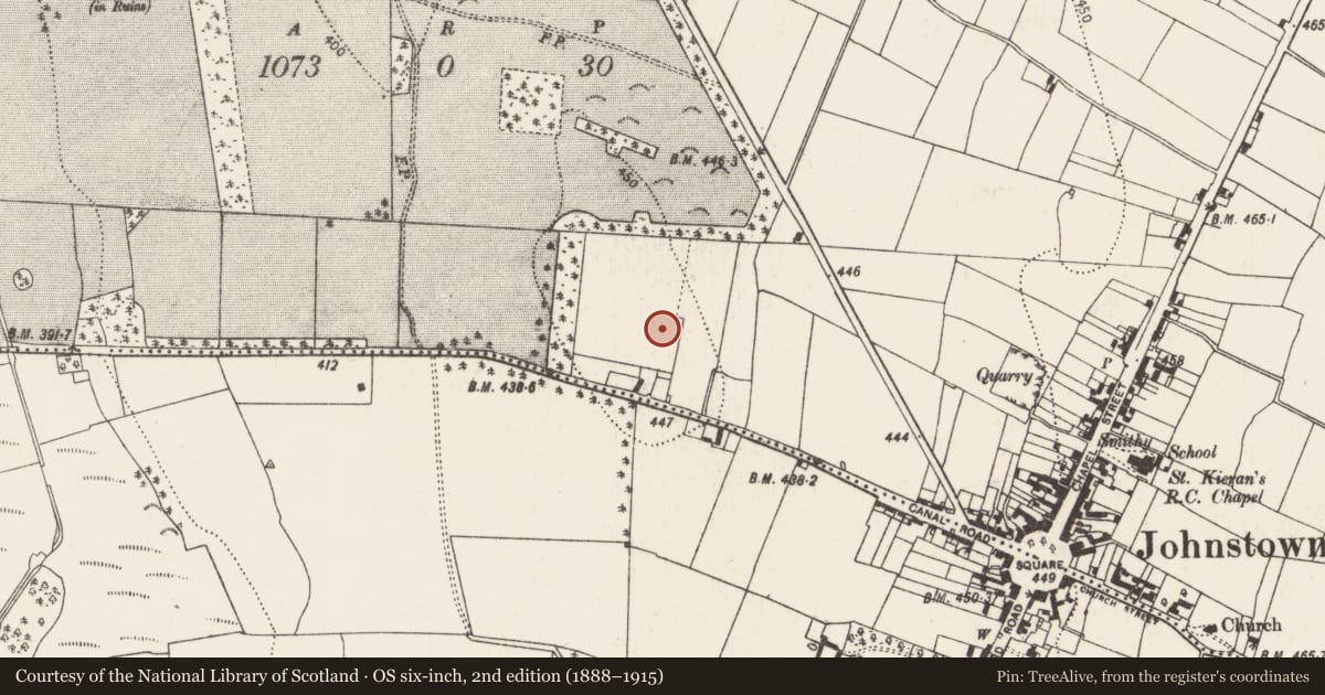 Ordnance Survey six-inch map, 2nd edition (1888–1915) covering the location of Enclosure, Foulkscourt, County Kilkenny, with a pin at the register's coordinates