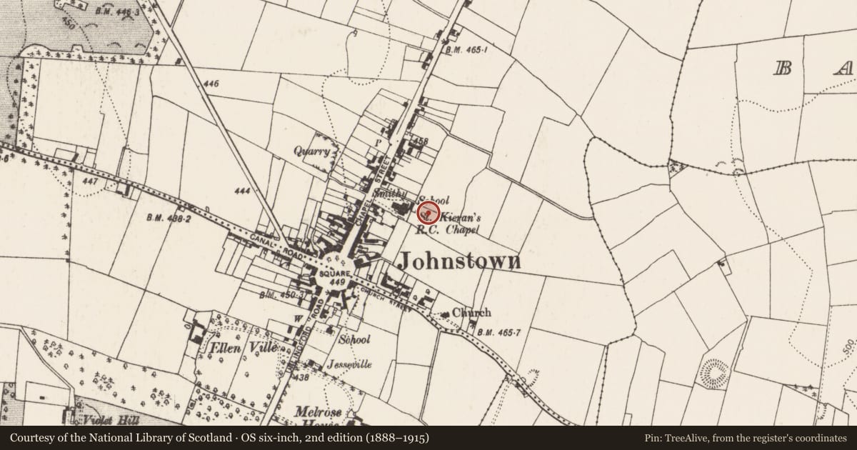 Ordnance Survey six-inch map, 2nd edition (1888–1915) covering the location of Enclosure, Foulkscourt, County Kilkenny, with a pin at the register's coordinates
