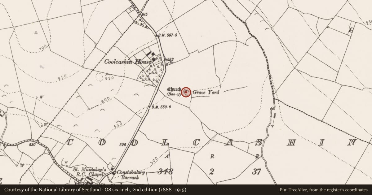Ordnance Survey six-inch map, 2nd edition (1888–1915) covering the location of Graveslab, Coolcashin, County Kilkenny, with a pin at the register's coordinates