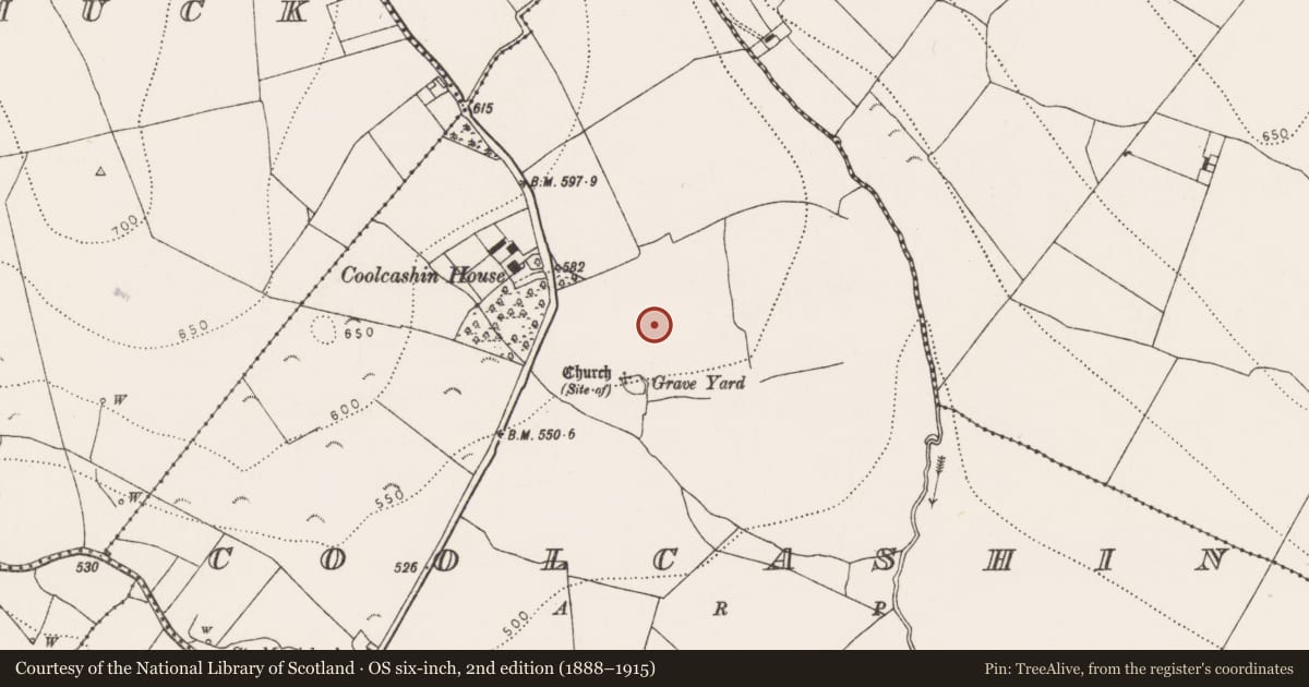 Ordnance Survey six-inch map, 2nd edition (1888–1915) covering the location of Settlement deserted - medieval, Coolcashin, County Kilkenny, with a pin at the register's coordinates