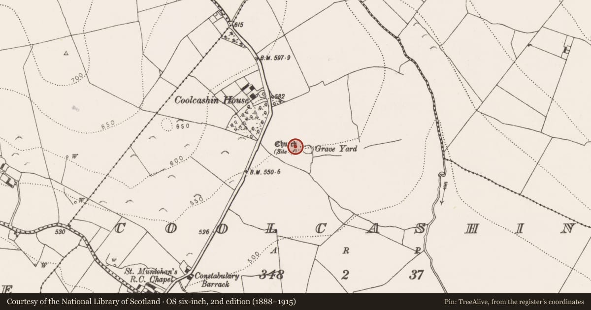 Ordnance Survey six-inch map, 2nd edition (1888–1915) covering the location of Ritual site - holy well, Coolcashin, County Kilkenny, with a pin at the register's coordinates