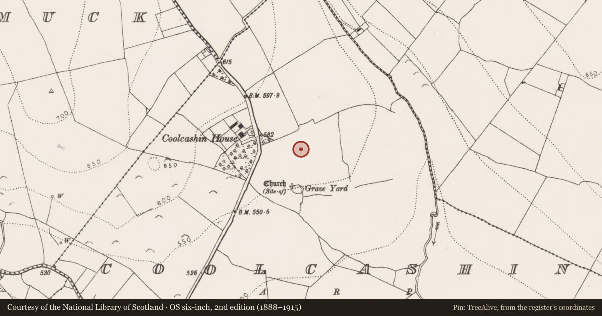 Ordnance Survey six-inch map, 2nd edition (1888–1915) covering the location of Enclosure, Coolcashin, County Kilkenny, with a pin at the register's coordinates