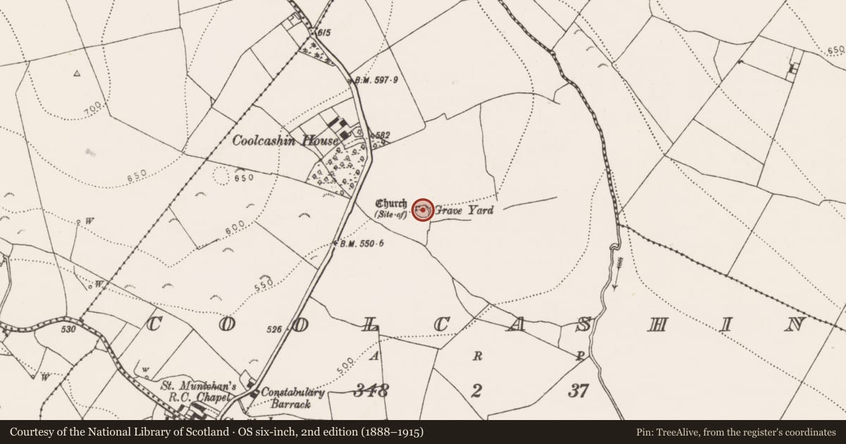 Ordnance Survey six-inch map, 2nd edition (1888–1915) covering the location of Cross-slab, Coolcashin, County Kilkenny, with a pin at the register's coordinates