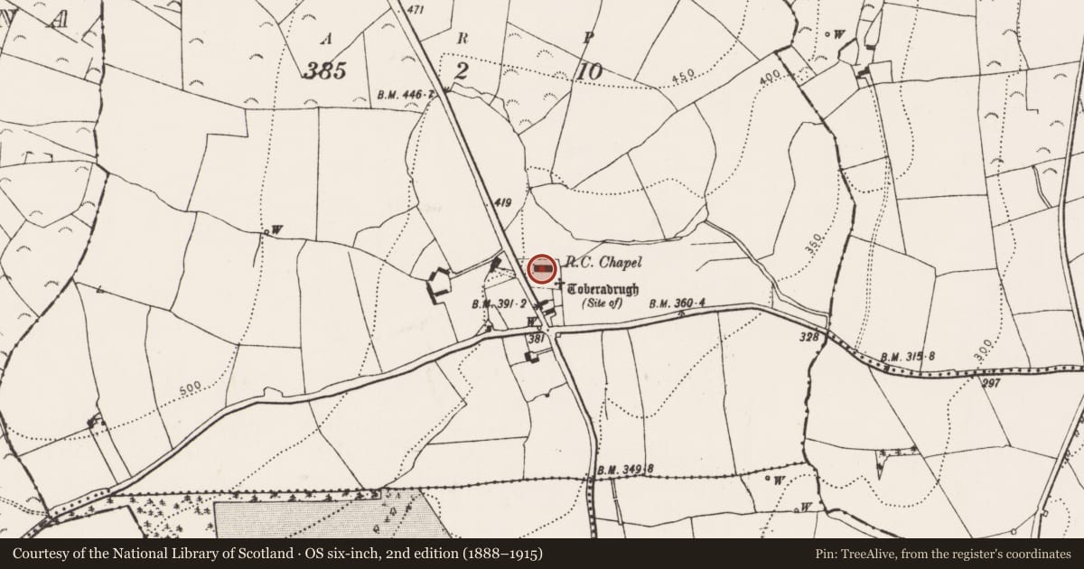 Ordnance Survey six-inch map, 2nd edition (1888–1915) covering the location of Church, Clontubbrid, County Kilkenny, with a pin at the register's coordinates