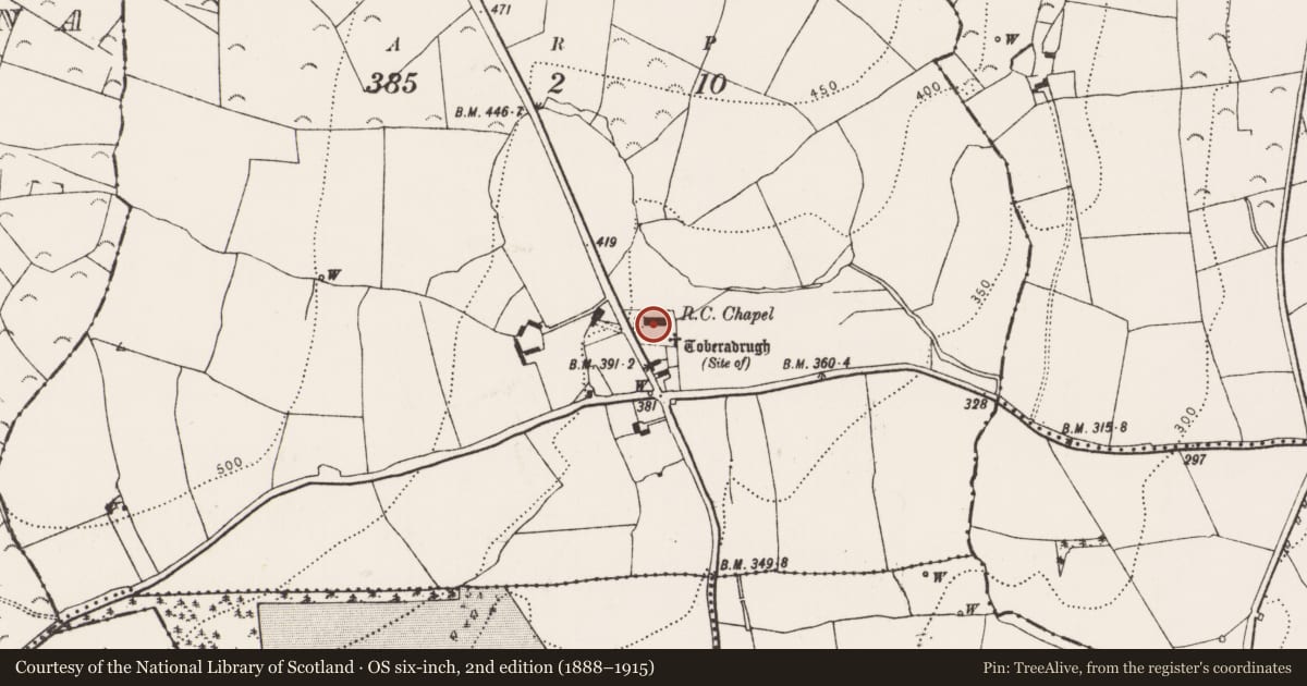 Ordnance Survey six-inch map, 2nd edition (1888–1915) covering the location of Graveyard, Clontubbrid, County Kilkenny, with a pin at the register's coordinates