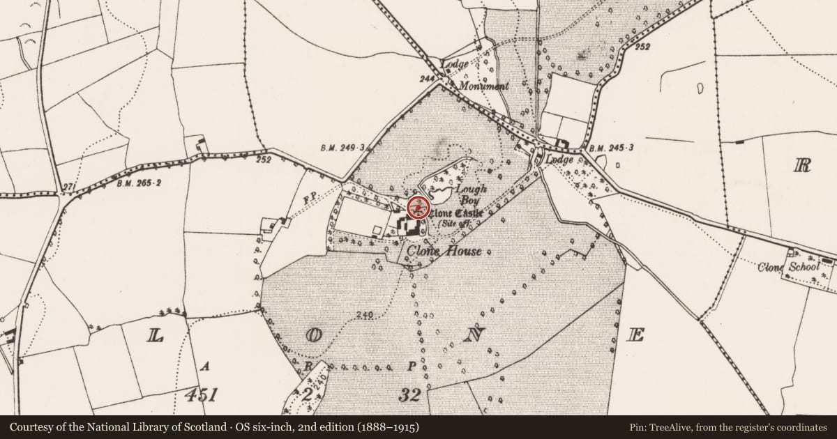 Ordnance Survey six-inch map, 2nd edition (1888–1915) covering the location of Castle - unclassified, Clone, County Kilkenny, with a pin at the register's coordinates