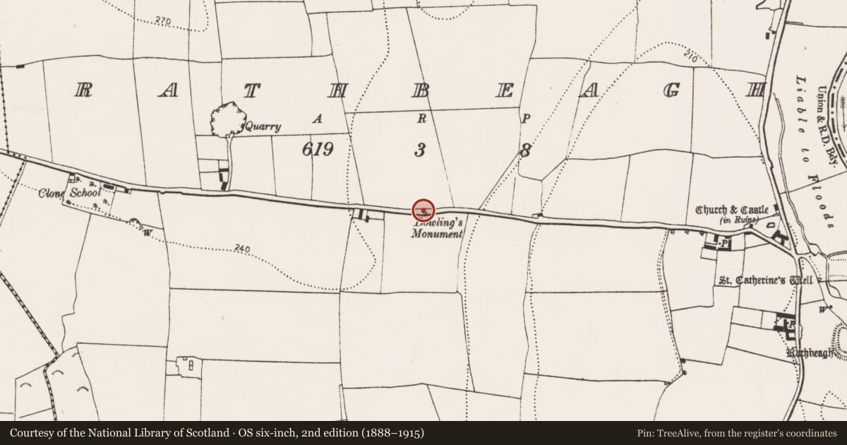 Ordnance Survey six-inch map, 2nd edition (1888–1915) covering the location of Cairn - wayside cairn, Rathbeagh, County Kilkenny, with a pin at the register's coordinates