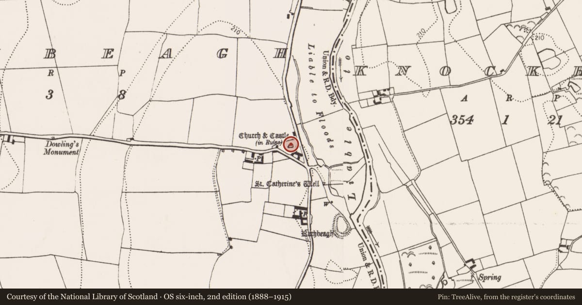 Ordnance Survey six-inch map, 2nd edition (1888–1915) covering the location of Church, Rathbeagh, County Kilkenny, with a pin at the register's coordinates
