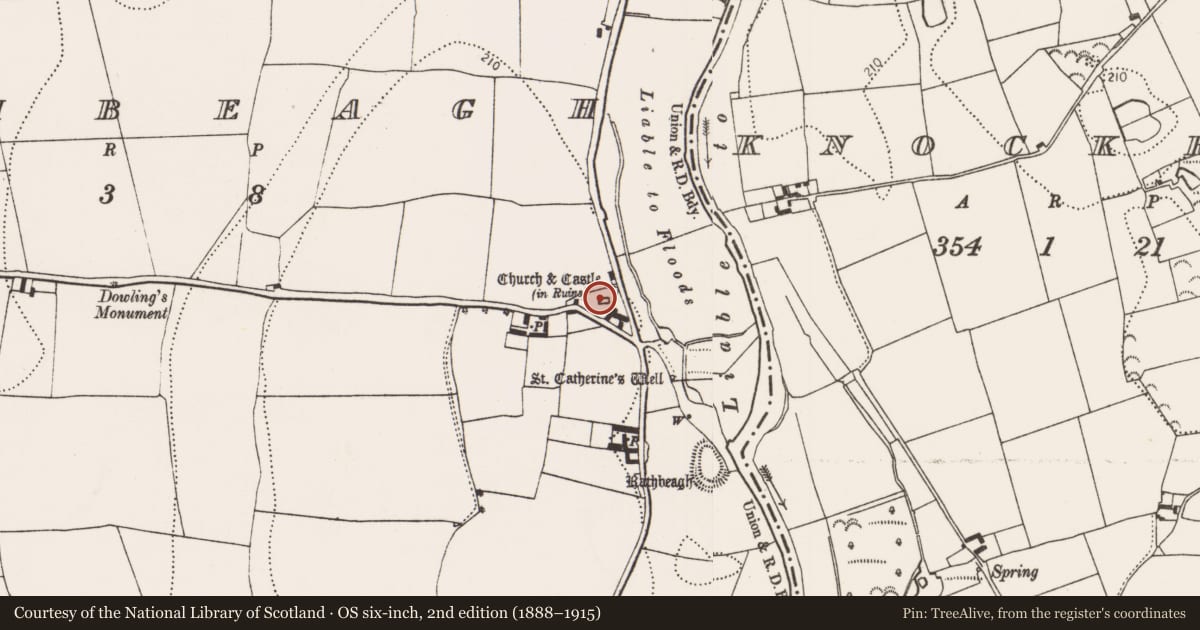 Ordnance Survey six-inch map, 2nd edition (1888–1915) covering the location of Castle - tower house, Rathbeagh, County Kilkenny, with a pin at the register's coordinates
