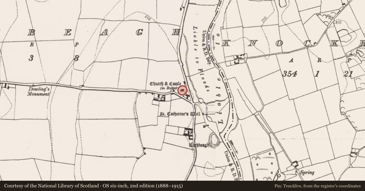 Ordnance Survey six-inch map, 2nd edition (1888–1915) covering the location of Tomb - chest tomb, Rathbeagh, County Kilkenny, with a pin at the register's coordinates