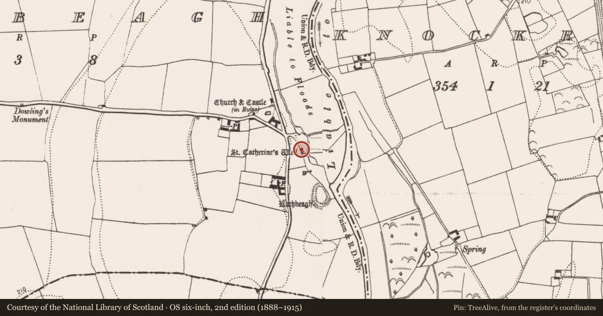 Ordnance Survey six-inch map, 2nd edition (1888–1915) covering the location of Ritual site - holy well, Rathbeagh, County Kilkenny, with a pin at the register's coordinates