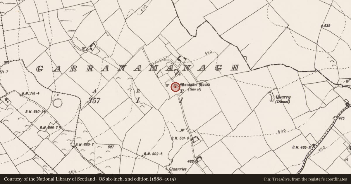 Ordnance Survey six-inch map, 2nd edition (1888–1915) covering the location of Inscribed stone, Garranamanagh, County Kilkenny, with a pin at the register's coordinates