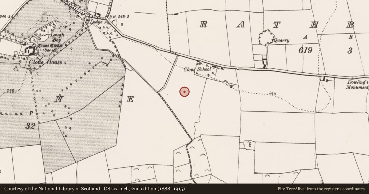 Ordnance Survey six-inch map, 2nd edition (1888–1915) covering the location of Enclosure, Rathbeagh, County Kilkenny, with a pin at the register's coordinates