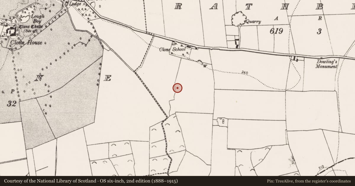 Ordnance Survey six-inch map, 2nd edition (1888–1915) covering the location of Ring-ditch, Rathbeagh, County Kilkenny, with a pin at the register's coordinates