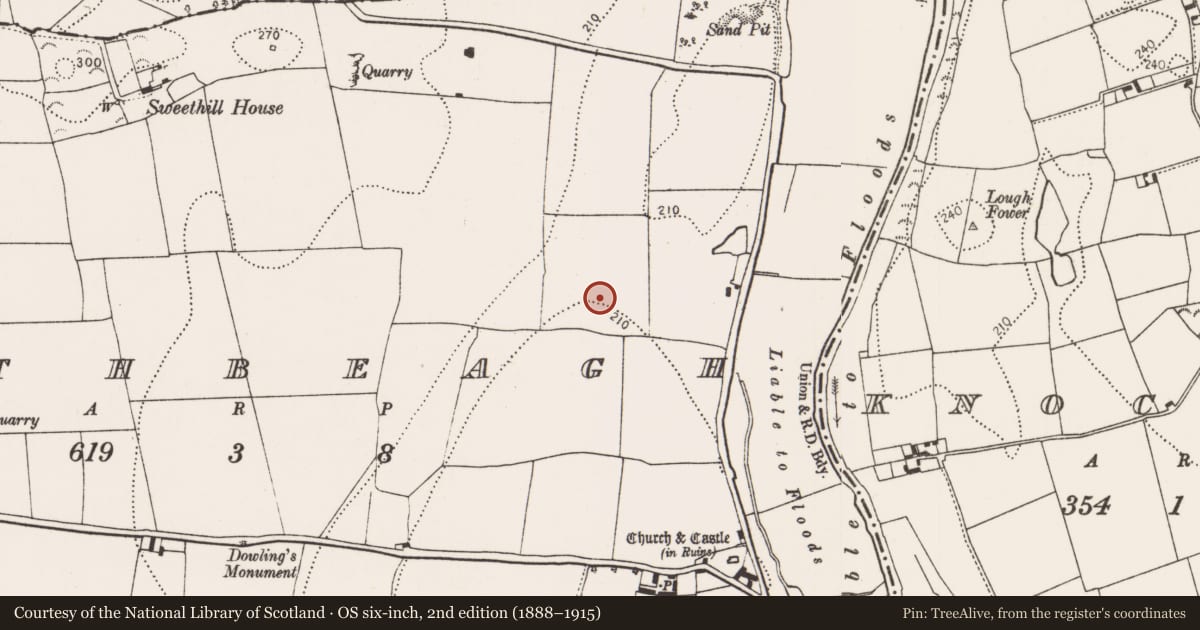 Ordnance Survey six-inch map, 2nd edition (1888–1915) covering the location of Ring-ditch, Rathbeagh, County Kilkenny, with a pin at the register's coordinates