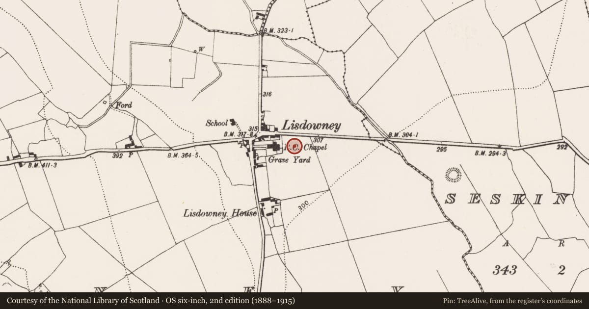 Ordnance Survey six-inch map, 2nd edition (1888–1915) covering the location of Cross-slab (present location), Lisdowney, County Kilkenny, with a pin at the register's coordinates