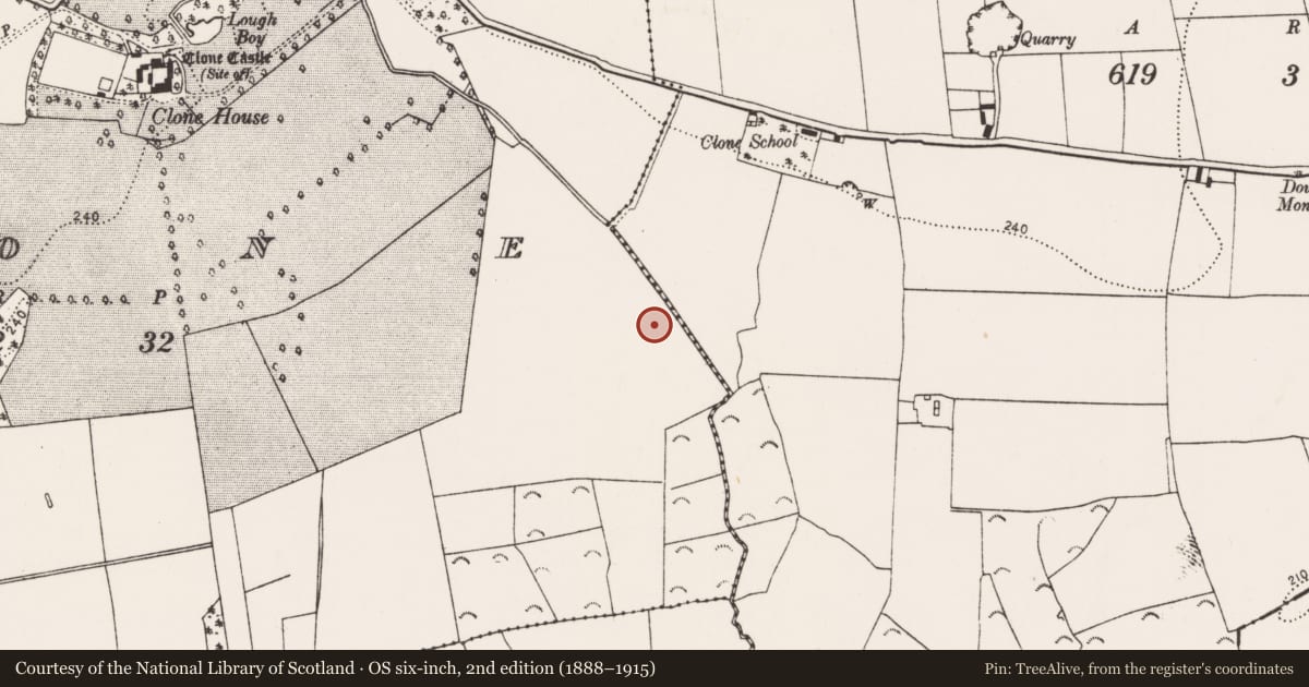 Ordnance Survey six-inch map, 2nd edition (1888–1915) covering the location of Ring-ditch, Clone, County Kilkenny, with a pin at the register's coordinates