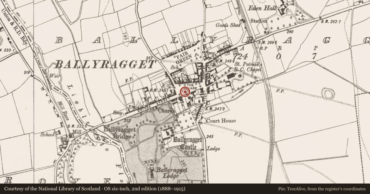 Ordnance Survey six-inch map, 2nd edition (1888–1915) covering the location of Historic town, Ballyragget, County Kilkenny, with a pin at the register's coordinates